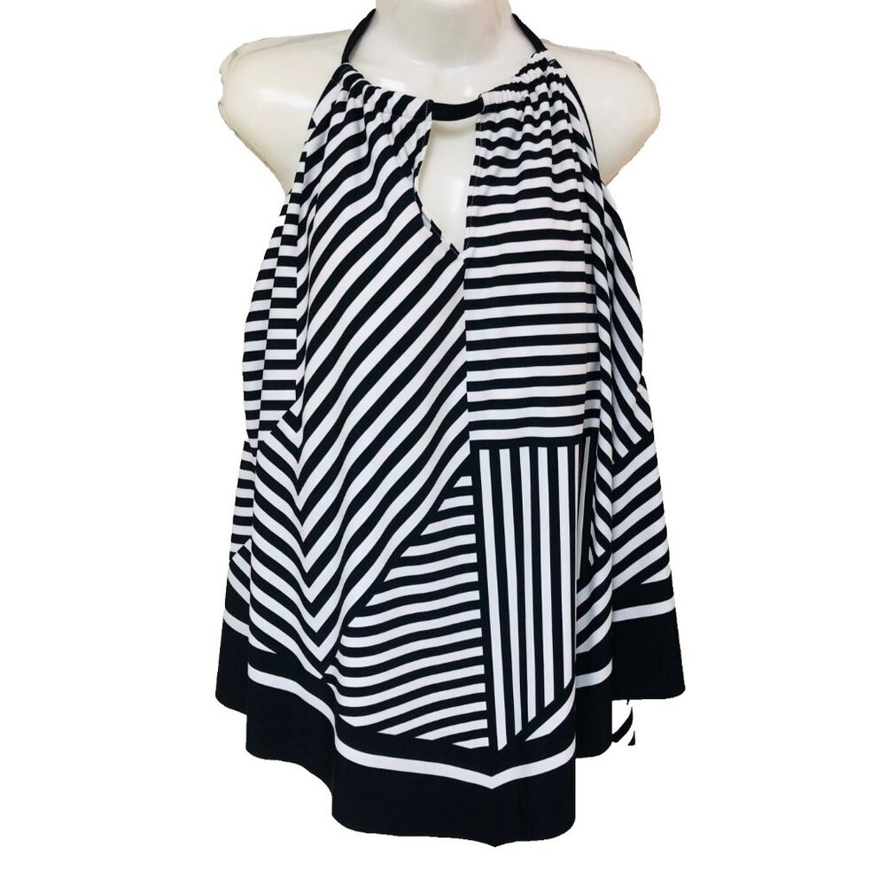 Kono Sol Womens Swim Halter Top Black White Stripe Underwire Open Back 3X - Picture 1 of 7